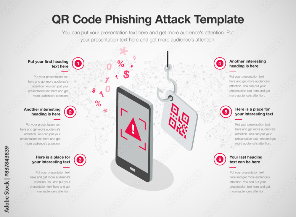 Aufkleber Simple infographic template for qr code phishing attack. 6 stages template with a smartphone scanning a fake qr code as a main symbol.