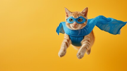 Fototapeta premium superhero cute red kitten on plain sunny yellow studio background