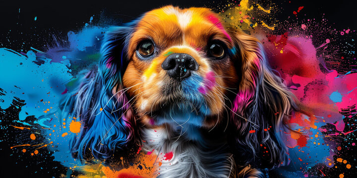 Cocker spaniel in neon colors in a pop art style