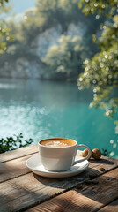 Coffee Lover s Lakeside Tranquility: A Photo Realistic Blend of Coffee Passion and Serene Water Views, Perfect for Lifestyle Ads