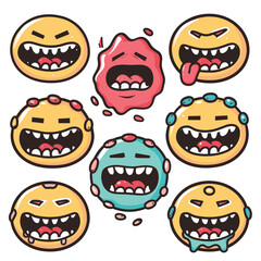 Set cartoon germ characters expressing various emotions, colorful pathogenic bacteria angry, sad, happy faces. Collection vibrant microbes, handdrawn pathogens illustrated, isolated white. Stylized