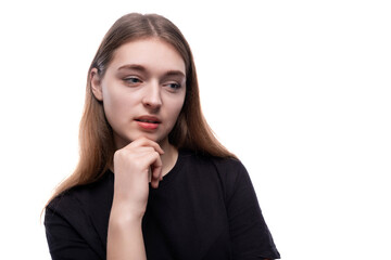 Portrait of a cute cute teenager girl on a white background with copy space