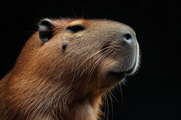 Mystic portrait of Capybara, copy space on right side, Anger, Menacing, Headshot, Close-up View Isolated on black background