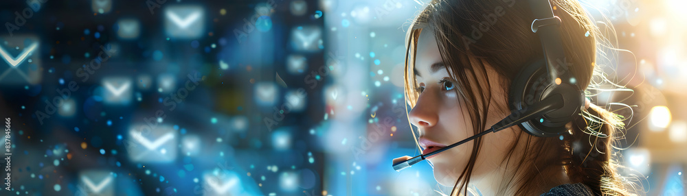 Poster photo realistic representation of a customer service representative integrated with an ai chatbot, s
