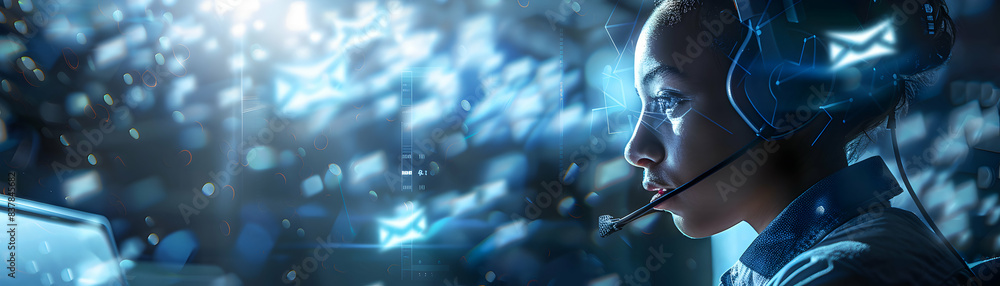 Poster customer service representative with ai chatbot concept: profile of a helpdesk professional integrat