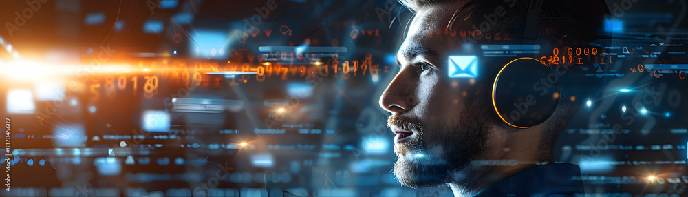 Poster photo realistic customer service representative with ai chatbot as symbol of tech support and busine