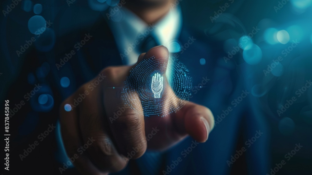 Poster a man in a suit is pointing at a digital image of a fingerprint