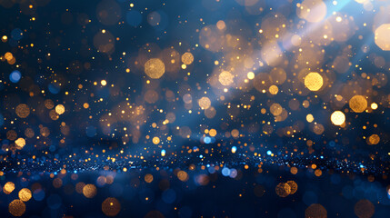 Abstract Dark Blue and Gold Particle Background with Christmas Golden Light Bokeh