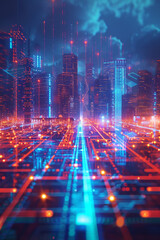 A digital futuristic city in the background with glowing lines in the foreground 