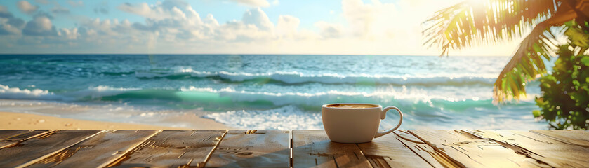 Photo realistic concept: Customer s profile blended with beach view, symbolizing relaxation  natural beauty of enjoying coffee by the sea. Ideal for travel  cafe ads.