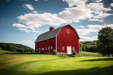 Obraz premium Idyllic Red Barn in Serene Rural Landscape