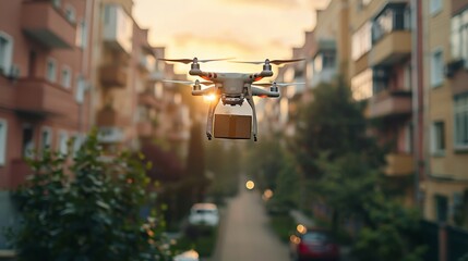 Drone Delivering Package in Urban Residential Area at Sunset with Modern Apartment Buildings in Background