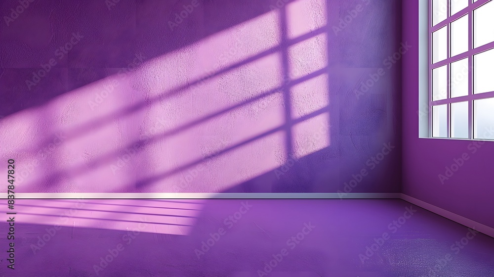 Poster 3d rendering of an empty room with purple wall and floor sunlight from window background for product