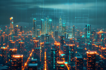 A digital futuristic city in the background with glowing lines in the foreground 