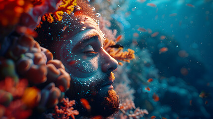Diver immersed in vibrant coral reef environment, symbolizing the wonders of marine exploration. Ideal for adventure and underwater themed marketing campaigns. 