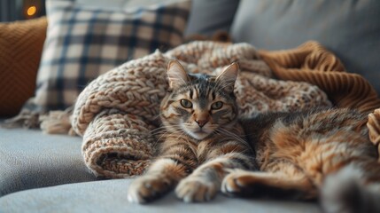 A tabby cat is lying comfortably on a sofa, covered by a blanket