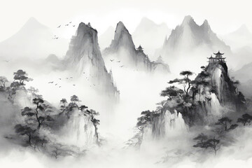 Tranquil Chinese Ink Painting of Misty Mountains and Pavilion
