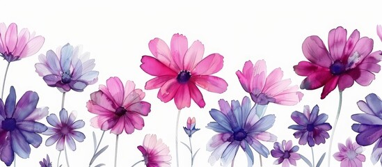 Vibrant Watercolor Flowers in Bloom - Beautiful Pink, Purple, and Blue Floral Art on White Background - Perfect for Spring and Summer Themes, Nature, and Botanical Designs