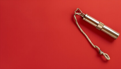 Fototapeta premium One metal whistle with cord on red background, top view. Space for text