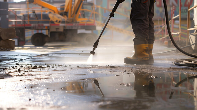 An industrial pressure washer in use at a construction site, cleaning muddy surfaces with powerful water jets. Perfect for showcasing heavy-duty cleaning equipment, construction maintenance - Powered by Adobe