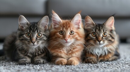 Three kittens, a grey tabby, a ginger tabby, and a brown tabby, sit side by side on a grey carpet