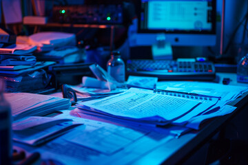 The raw photo captures a desk full of data science research papers and intricate analysis tools under dark blue and neon aqua lighting