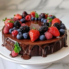 Flourless chocolate cake topped with a glossy chocolate glaze and fresh berries, white background