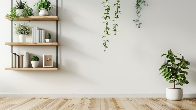 a beautiful wall with shelves with books and plants in modern minimalistic design, isolated on white.