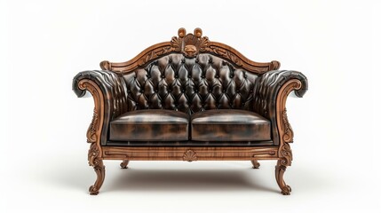A leather sofa, armrest solid wood decoration, round full shape, pull up craft, high detail, white background, isolated on white.