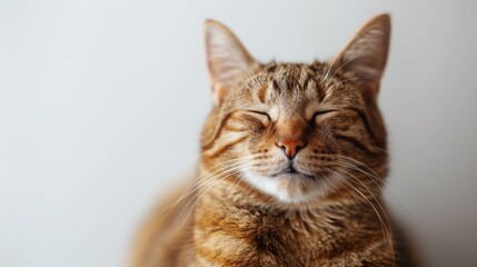 A close-up portrait of a smiling cat with closed eyes