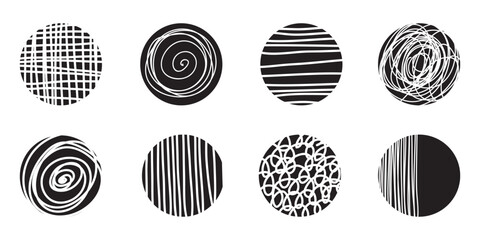 Set of round Abstract black Backgrounds or Patterns. Hand drawn doodle shapes. Spots, drops, curves, Lines. Contemporary modern trendy Vector illustration. Posters, Social media Icons templates