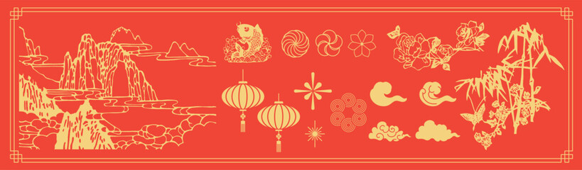 Asia elements. Chinese festive decor dragon, cherry blossom flower, firework, hanging lantern, cloud, gold floral pattern, ornament, moon. Asian Lunar New Year. Oriental culture tradition.