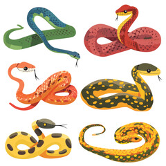 Obraz premium Colorful cartoon snakes, different patterns textures, variety species illustrated, captured individually, mixture colors, textures, cartoonish. Collection snakes showing diversity