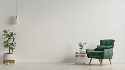 Living room style minimal with green armchair on empty white wall background- 3D rendering