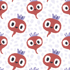 Cute beetroots seamless pattern. Vector cartoon childich background with smiling vegetable characters. Good for printing fabrics and wrapping paper.