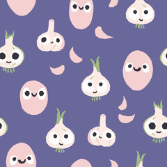 Vegetables seamless pattern. Vector cartoon childish background with cute smiling vege characters in simple hand-drawn style. Good for printing fabrics, packaging, clothes.