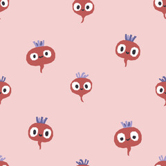 Cute beetroots seamless pattern. Vector cartoon childich background with smiling vegetable characters. Good for printing fabrics and wrapping paper.