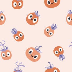Cute vegetables seamless pattern. Vector cartoon childich background with smiling vege characters. Red tomatoes on a pastel background.