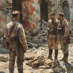 Fototapeta premium Three soldiers in tattered uniforms stand over a dead comrade