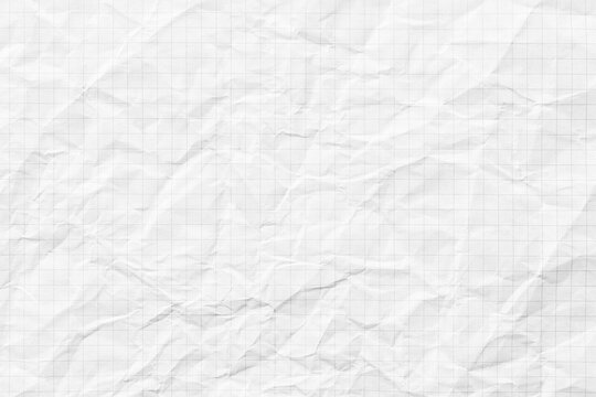crumpled checkered notebook for writing, white paper texture background