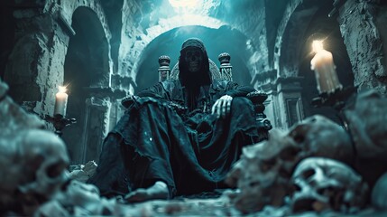 Obraz premium Dark figure in a hooded cloak sits on a throne in an eerie, candlelit dungeon surrounded by skulls and ancient ruins.