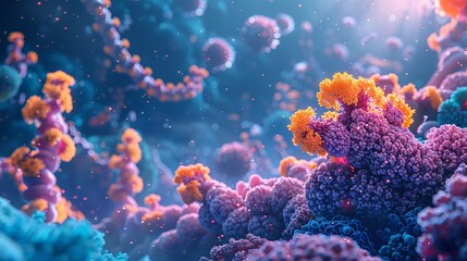 An artistic representation of the microbiome at the molecular level, highlighting the diversity of microbial communities and their role in health and disease. shiny, Minimal and Simple,