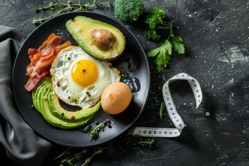 Keto foods as butter, olive oil, fried egg, avocado, fat meat bacon, cheese for ketogenic diet on black plate, measure tape on dark rustic stone background, products for weight loss top view