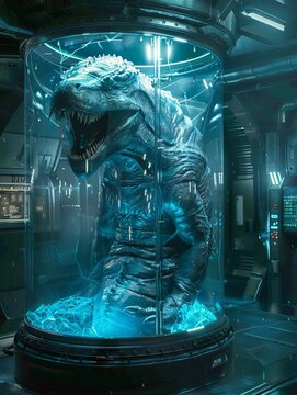 Futuristic lab with a preserved dinosaur-like creature in a glass container, illuminated by blue light, showcasing a sci-fi, experimental setting.