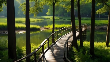 Vast Expanse of Lush Greenery: Serene Lake with Scenic Walking Path, Tranquil Nature Scene: Lake Surrounded by Lush Greenery and a Walking Way, Lush Green Landscape: Peaceful Lake with a Pictures que 