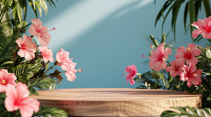 pink  hibiscus flowers on wooden background