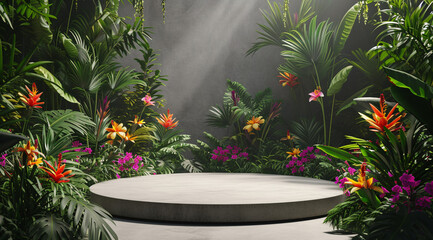 3D render of a sleek marble pedestal with a backdrop of bright summer flowers and lush green foliage