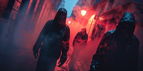 Mysterious hooded figures walking through a foggy, neon-lit alleyway, creating an eerie and suspenseful atmosphere.