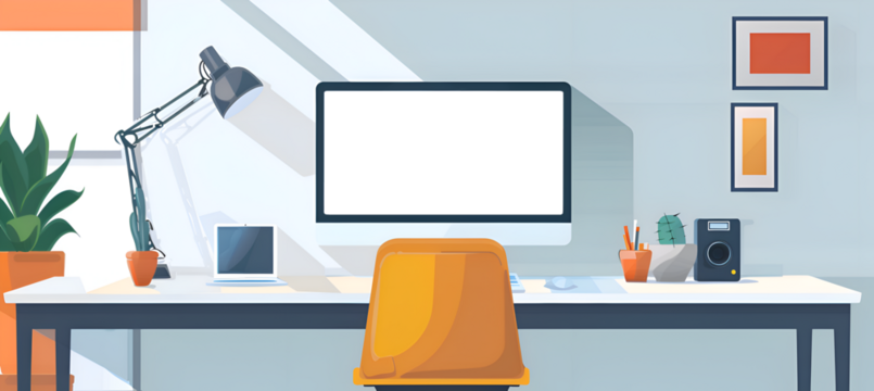 The modern office interior features a sleek, minimalist design accentuated by advanced LED lighting, creating an environment that is both inviting and highly functional. The white display walls serve 