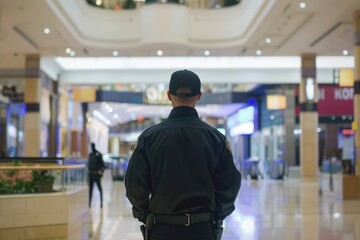 Security guard standing in a shopping mall. Indoor photography in a commercial environment. Retail and safety concept for design and print.